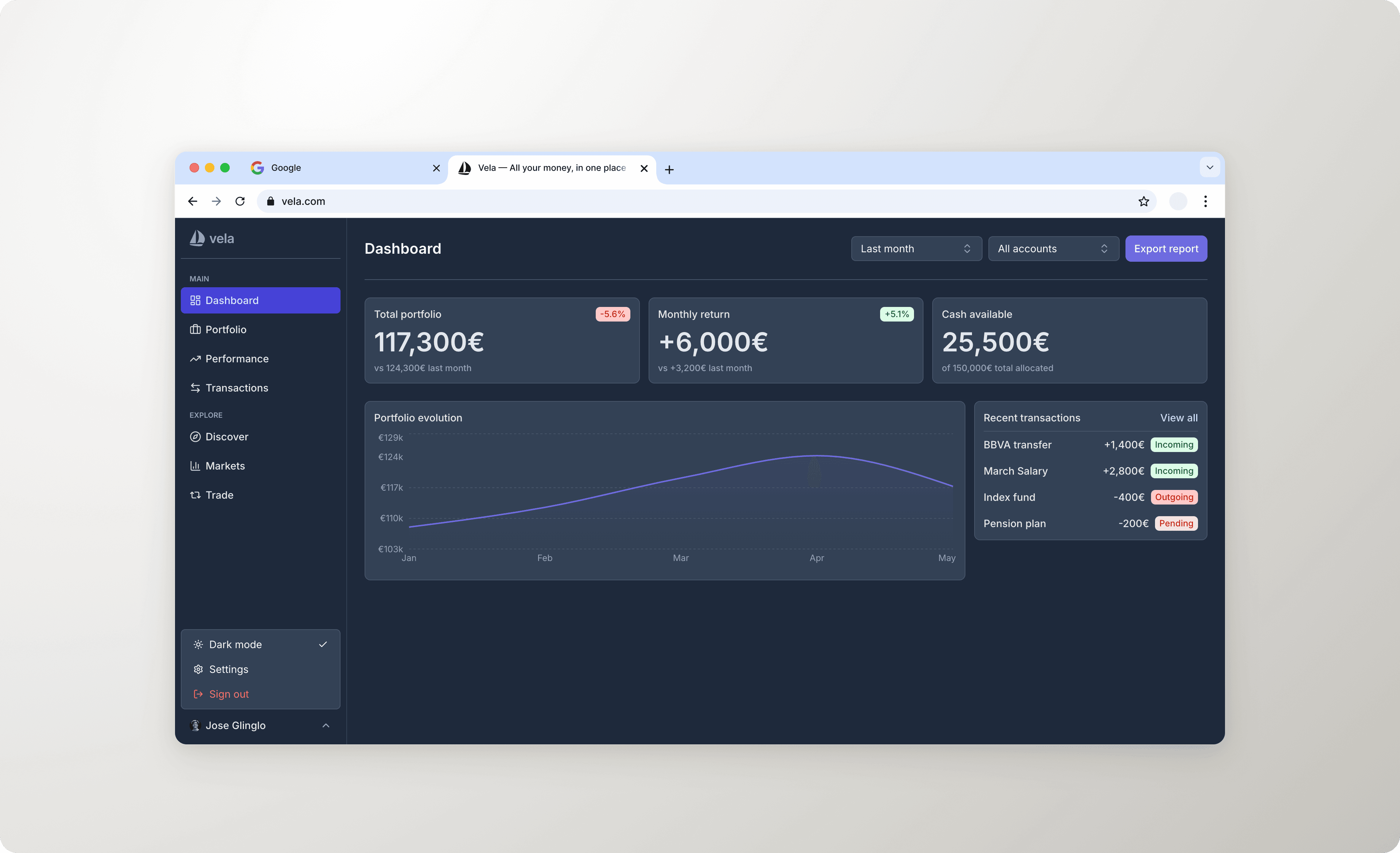 Vela dashboard built with the design system components